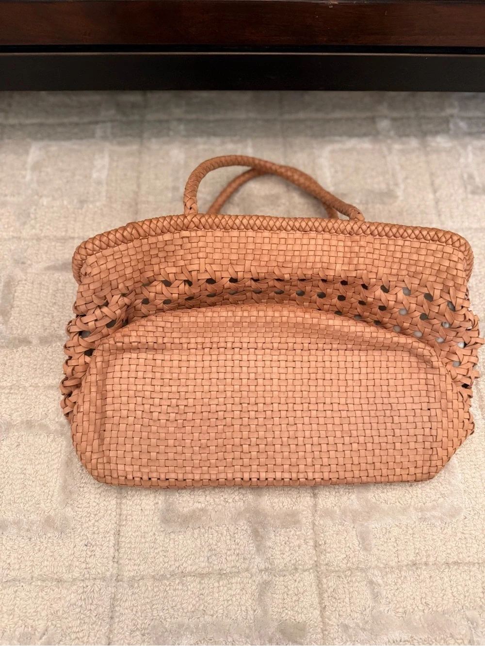 Woven Leather Tote Bag in Tan - Lightweight Summer Carryall by Village Thrive - Picture 4 of 6